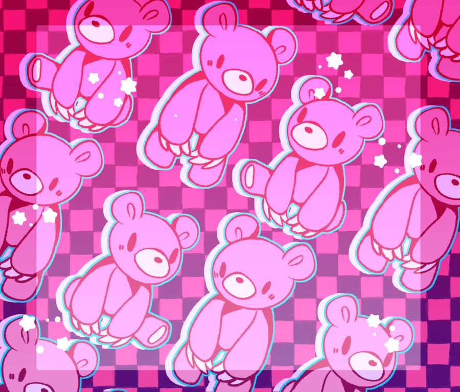 Rosa Cartoon-Bären schweben auf einem karierten Hintergrund mit leuchtenden Sternen. — Düsterer Bär Wallpaper