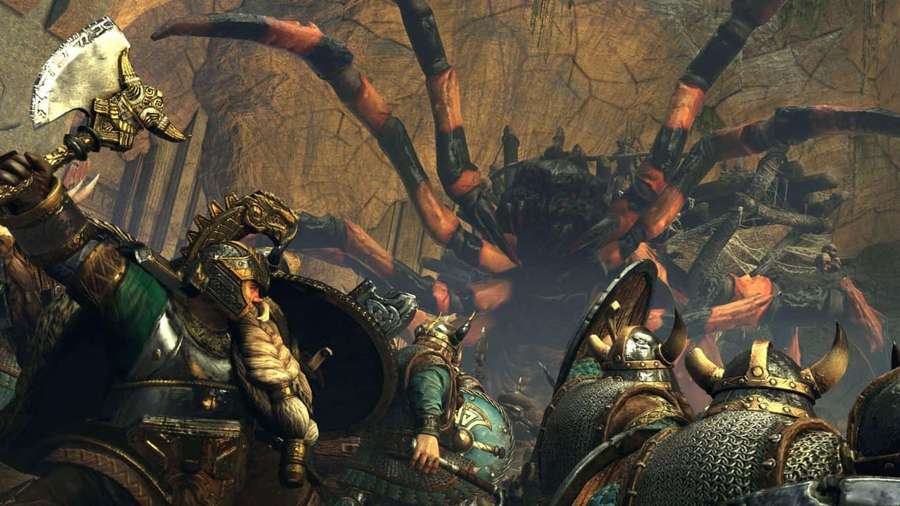 Fantasy warriors battle a giant spider in a dark dungeon. — Dwarfs Background