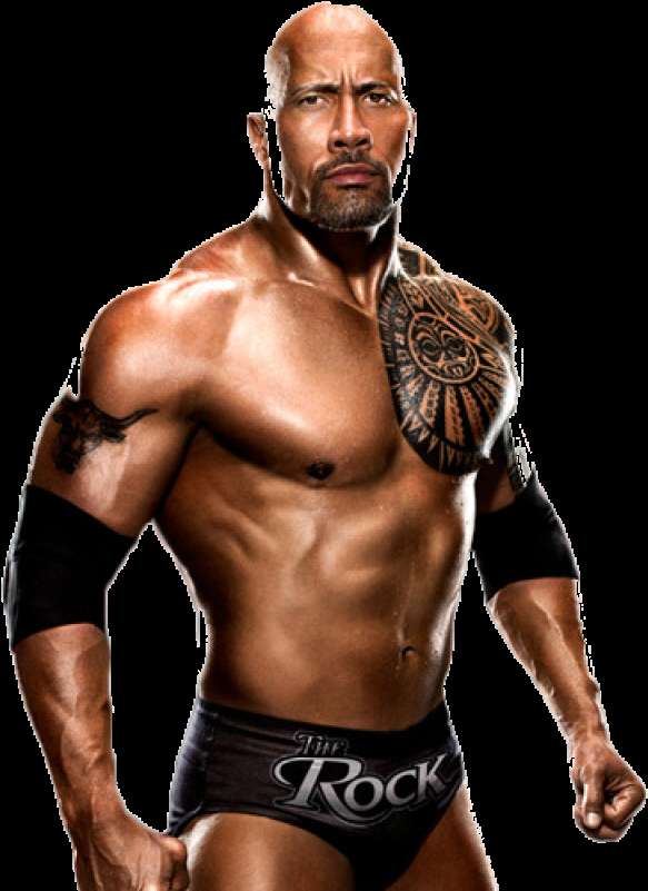 The Rock in wrestling gear with tattoos and black arm sleeves. — Dwayne Picture