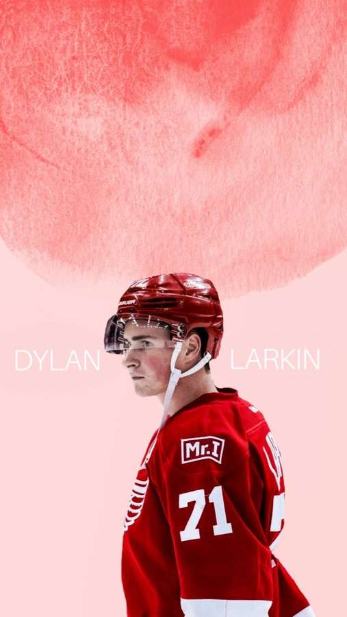Hockey player in red jersey with name Dylan Larkin and number 21 against pink watercolor background. — Dylan Larkin Wallpaper