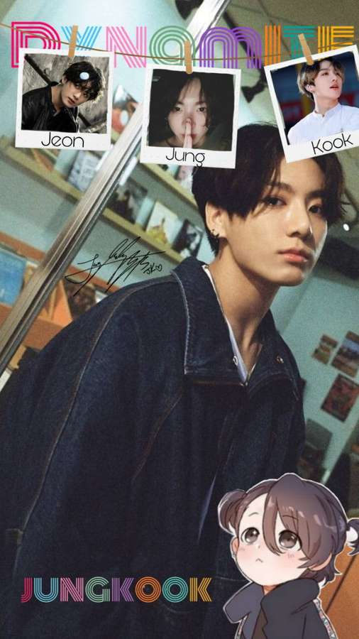 Young man in denim jacket with polaroids and anime chibi version — Dynamite Picture
