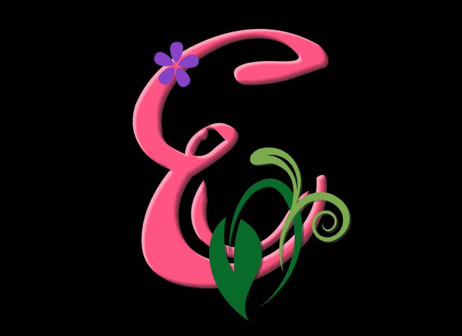 Stylized pink letter E with purple flower and green leaves on black background. — E Background