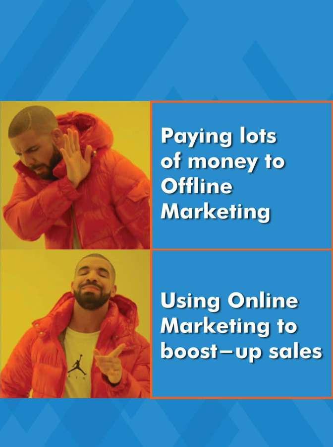 Drake meme contrasting offline and online marketing with hand over ear and pointing gesture. — E-commerce Memes Wallpaper