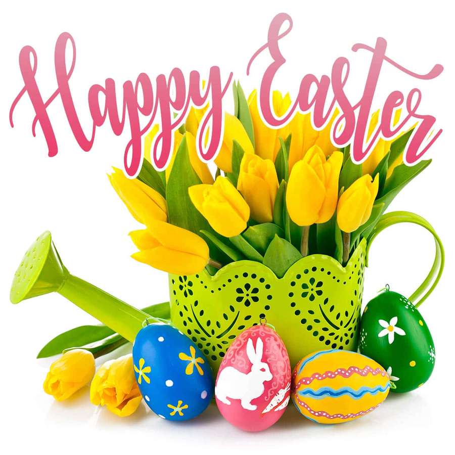 Colorful Easter eggs and yellow tulips in a green watering can with Happy Easter text. — Easter Picture