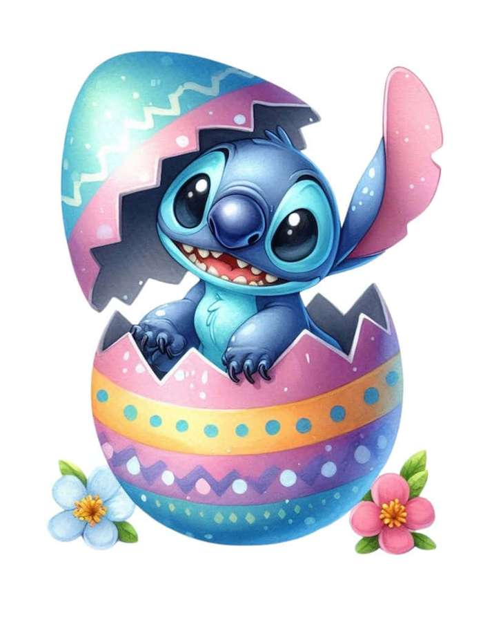 Stitch taucht aus einem bunten Osterei mit Blumen daneben auf. — Easter Stitch Wallpaper