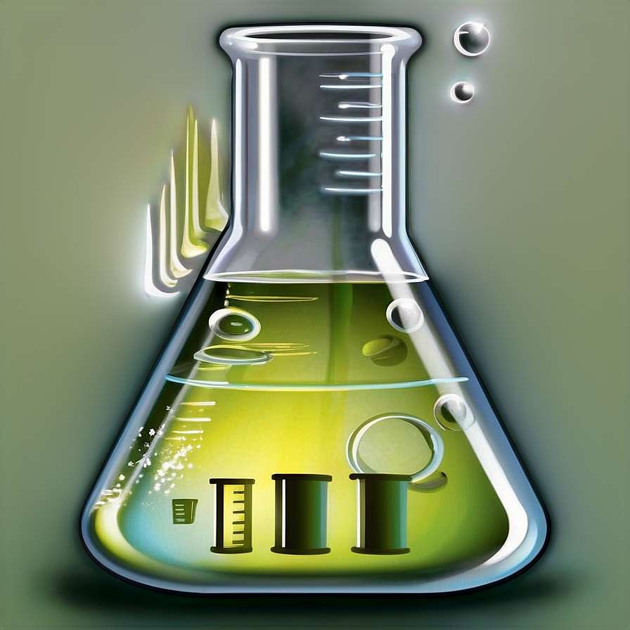 A glowing green liquid in a science flask with floating measurement symbols. — Easy PNG