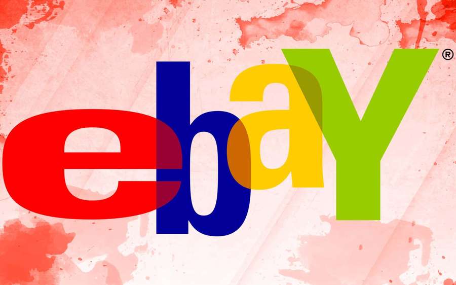Ebay-Logo mit roten, blauen, gelben und grünen Buchstaben auf rosa Aquarellhintergrund — eBay Hintergrundbild