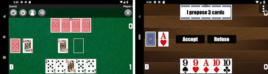 Two phone screens displaying digital card games with red and black cards. — Écarté Wallpaper