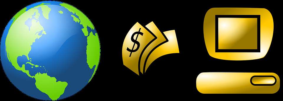 Golden globe money and computer icons on black background — Ecommerce PNG