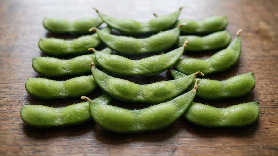 Pattern of steamed edamame pods on wood. — Edamame Background
