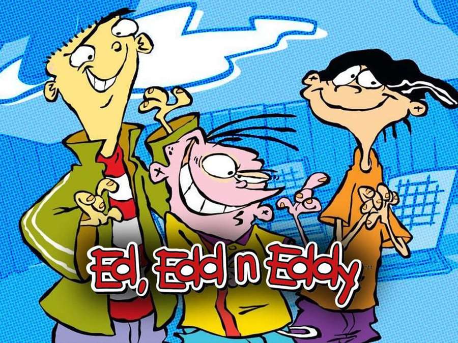 Three cartoon boys grinning with wild hair against a blue halftone background. — Edd N Eddy Wallpaper