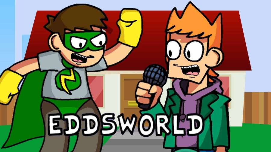 Two animated characters one superhero one with microphone in front of house. — Eddsworld Background