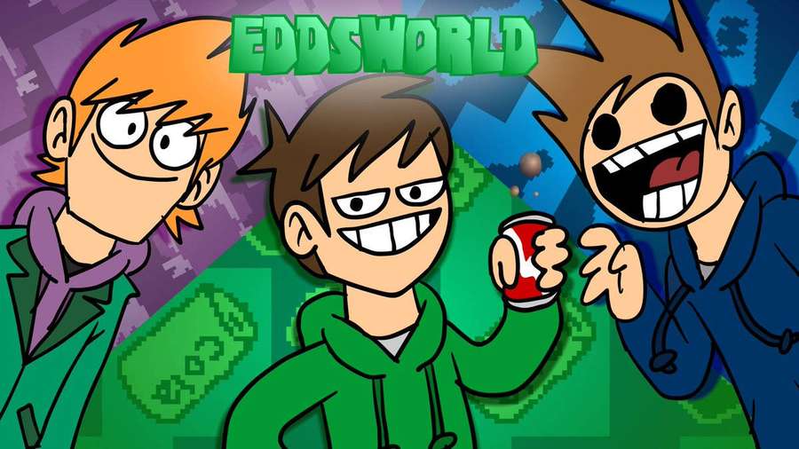 Drei animierte Jungen mit breitem Grinsen und pixeligem Hintergrund. — Eddsworld Bilder