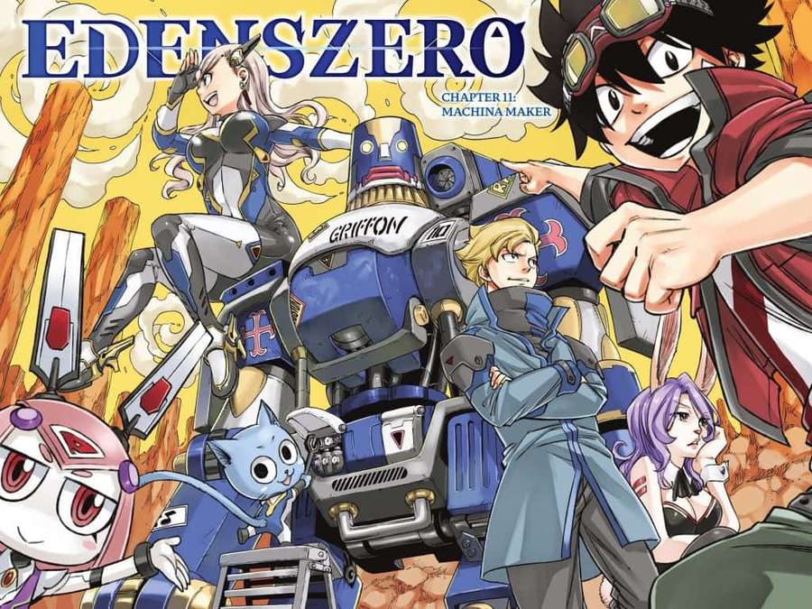 Anime group from Edens Zero with robot amid fiery explosion. — Edens Zero Background