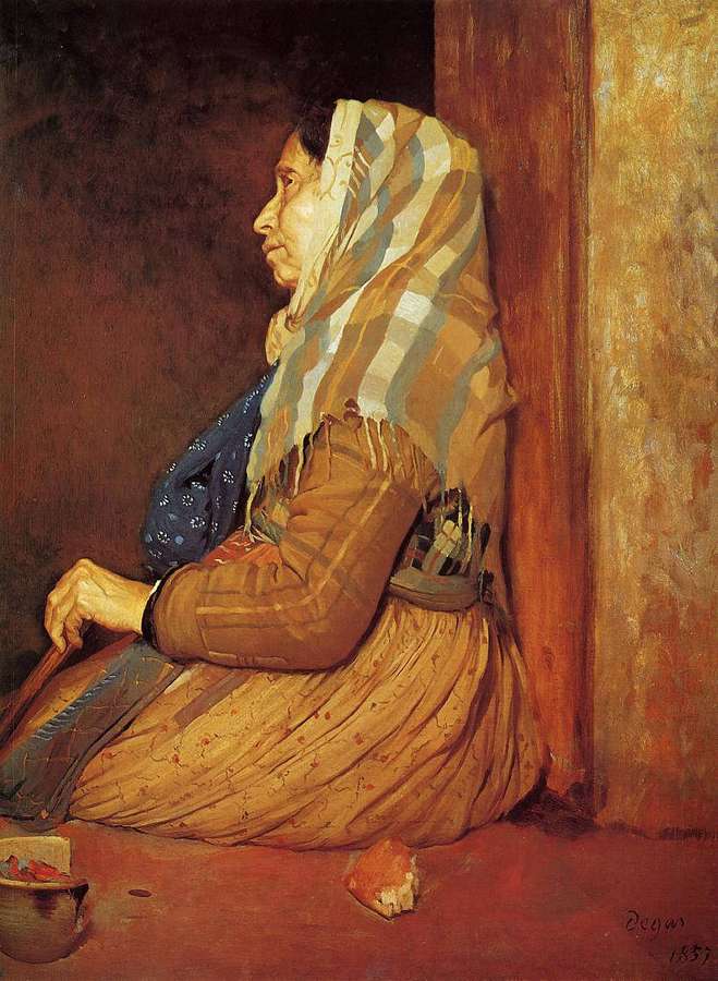 An elderly woman in a headscarf sits quietly holding a bowl in a rustic interior. — Edgar Background