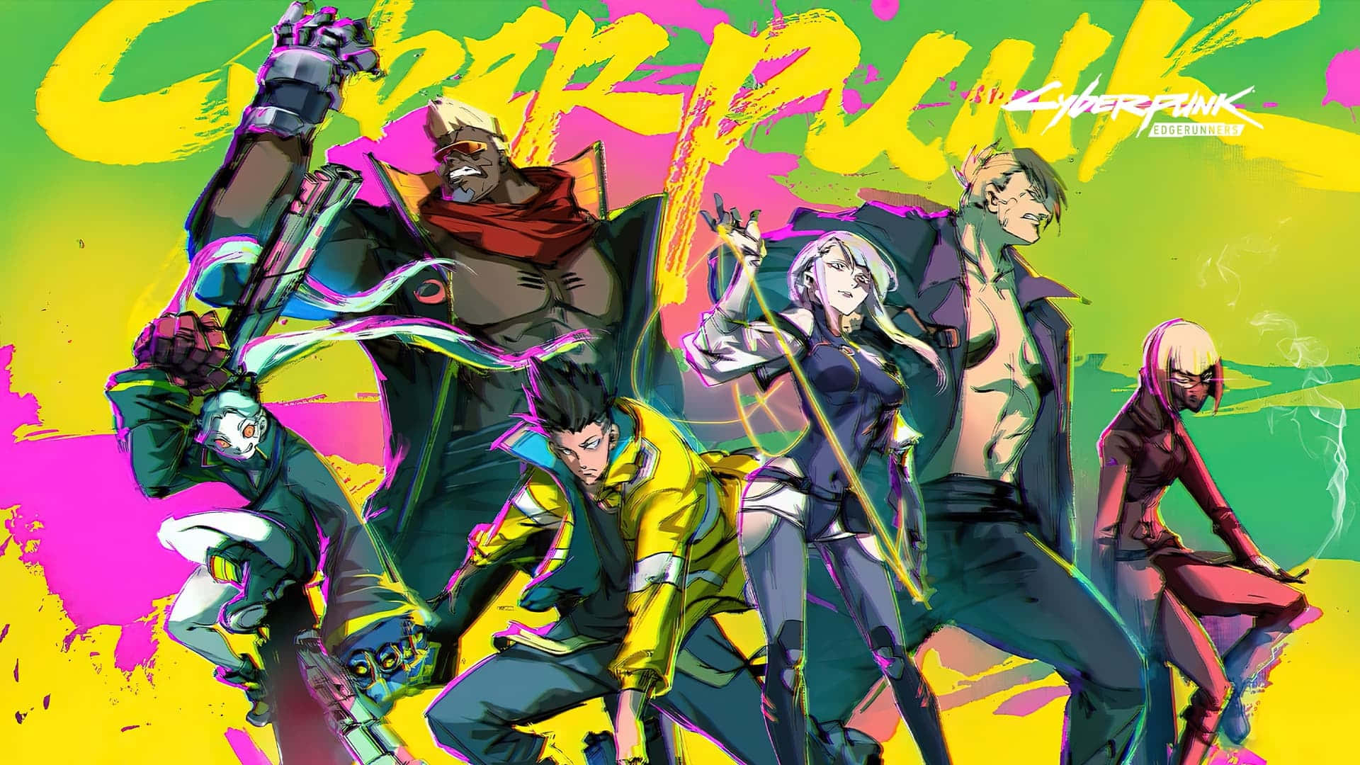 Cyberpunk anime characters in neon-lit action poses. — Edgerunners Wallpaper