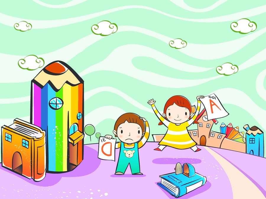 Children celebrate with graded papers in a town built from giant pencils and books. — Education Background