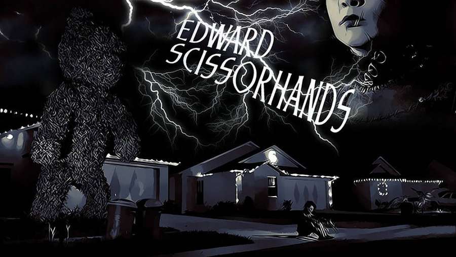 Edward Scissorhands movie poster with giant metallic figure and stormy night scene. — Edward Wallpaper