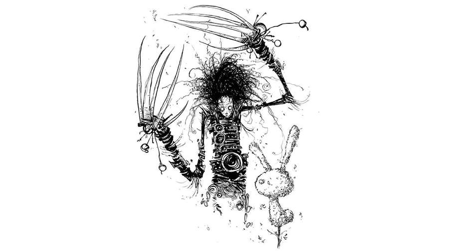 Ein mechanisches Monster mit wildem Haar und Krallen hält ein Kaninchen in einer surrealen Tuschezeichnung. — Edward Bilder
