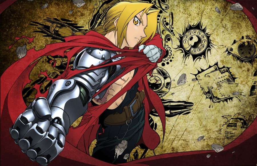 Anime character with mechanical arm and red cape amidst broken gears and debris. — Edward Elric Wallpaper