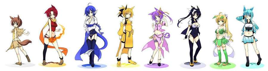 Seven anime girls in colorful outfits standing on glowing circles. — Eevee Evolutions Human Wallpaper