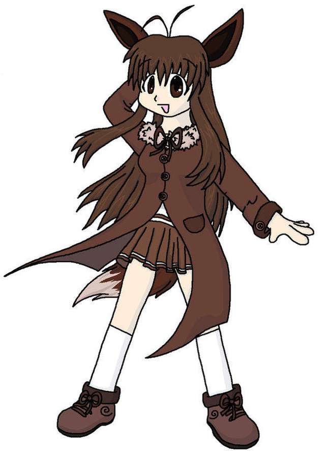 Anime-Mädchen mit Fuchs Ohren und Schwanz in braunem Mantel und Rock. — Eevee Evolutions Mensch Wallpaper