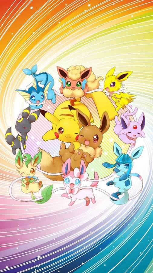 A colorful anime illustration of Eeveelutions dancing in a rainbow swirl with stars. — Eevee iPhone Picture