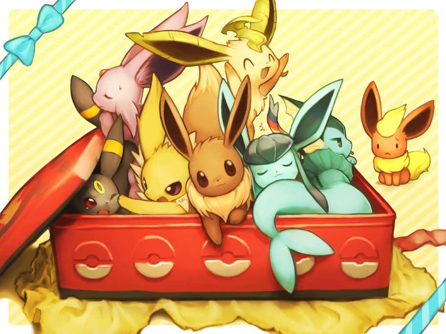 Un gruppo di Eeveelutions che dormono insieme in una scatola rossa di Poké Ball. — Eeveelutions Sfondi