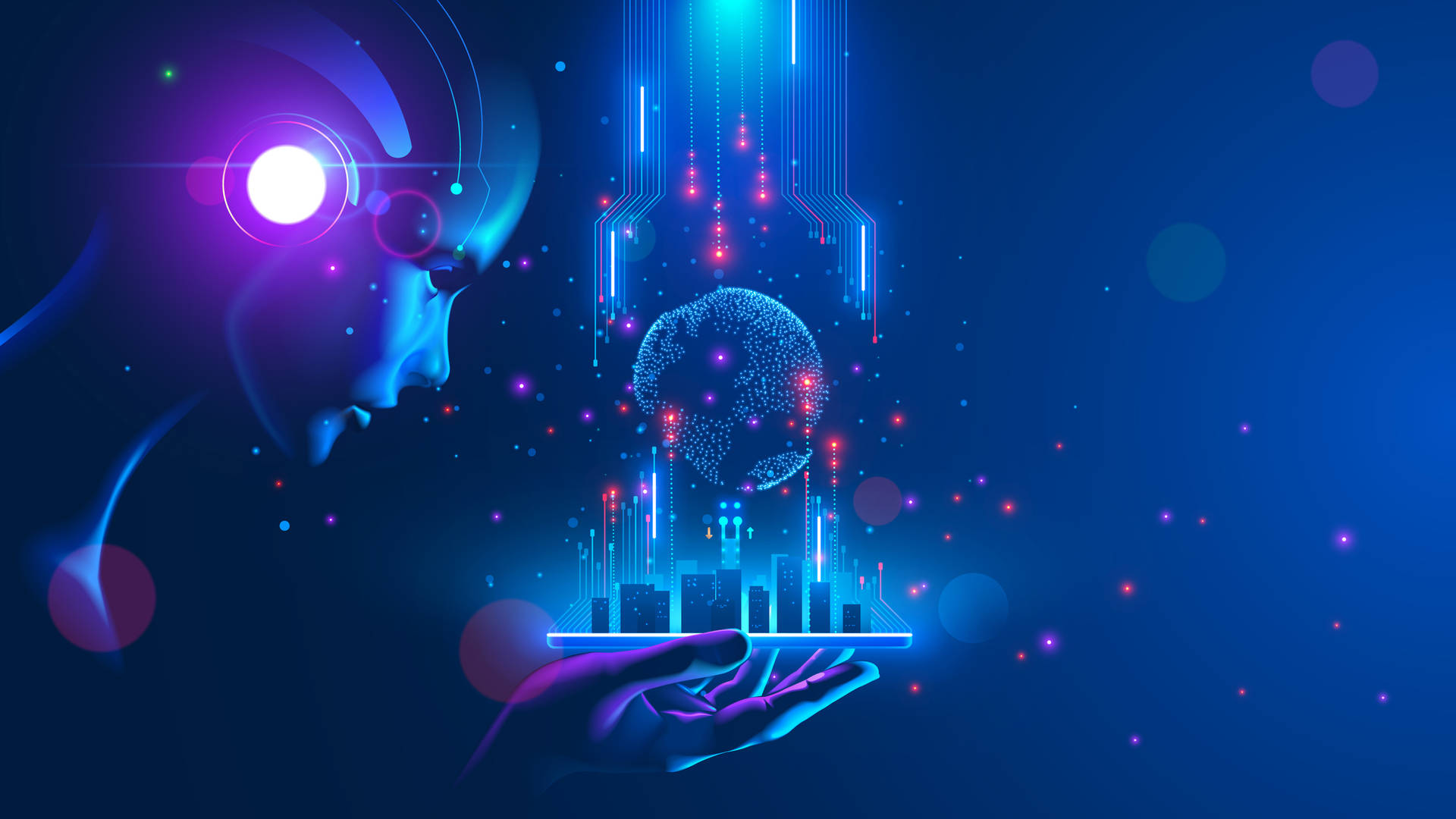Hand holding a glowing digital brain above a futuristic city skyline. — Efficient Background
