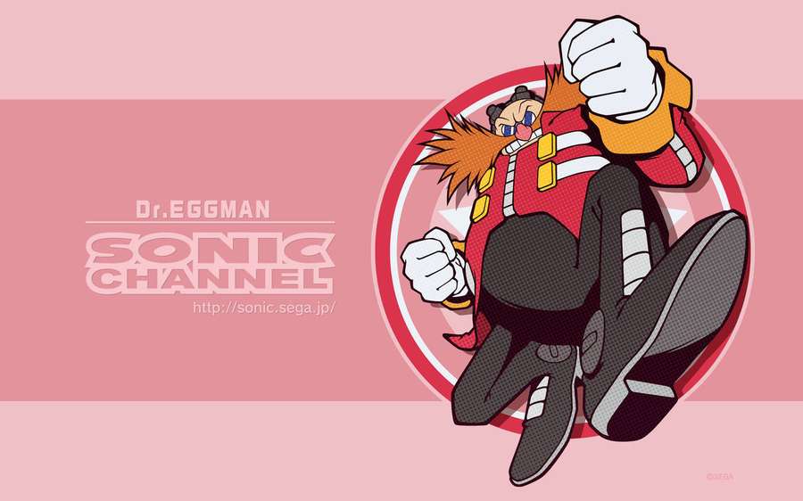 Dr Eggman con traje rojo y negro con logotipo de Sonic Channel sobre fondo rosa. — Eggman Fondos de pantalla