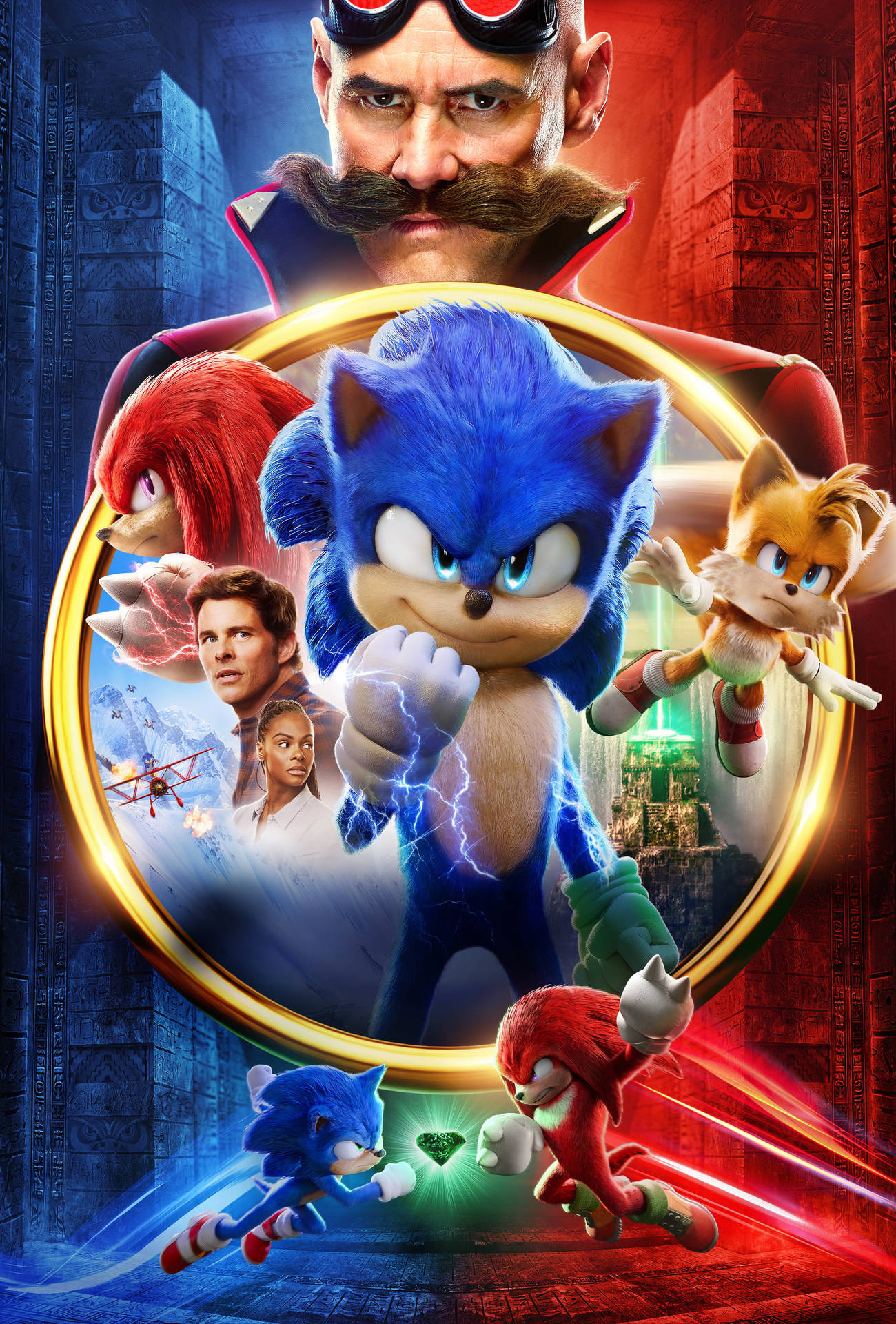 Sonic the Hedgehog and friends in a cinematic action scene with Dr. Eggman looming above. — Eggman Background