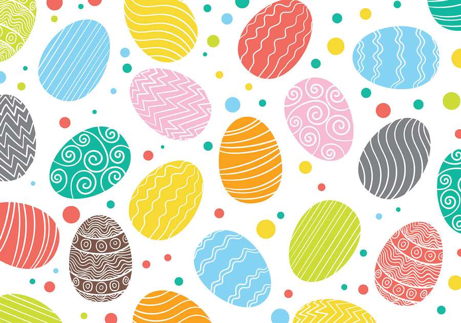 Colorful Easter eggs with swirls and stripes on a white background with polka dots. — Eggs Background