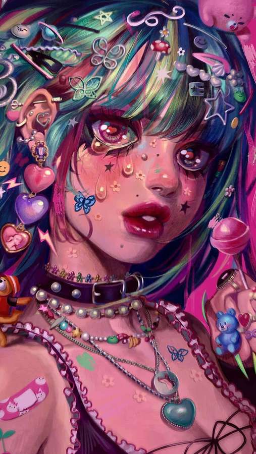A stylized anime girl with colorful hair and decorative accessories. — Egirl Aesthetic Wallpaper