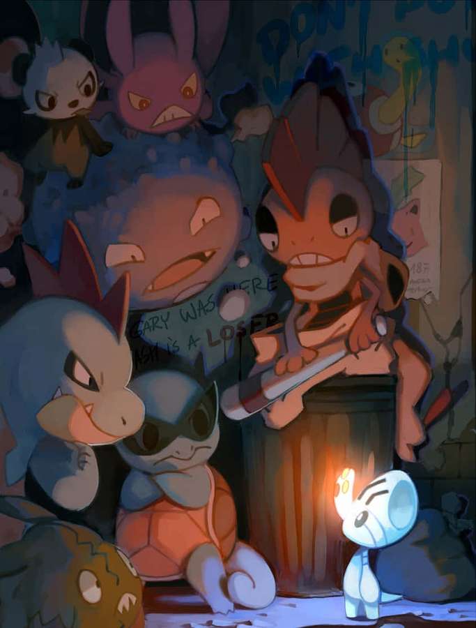 Leuchtendes Pokémon in einer Graffiti-Gasse bei Nacht mit einem, der einen Schläger hält. — Eichhörnchen Wallpaper
