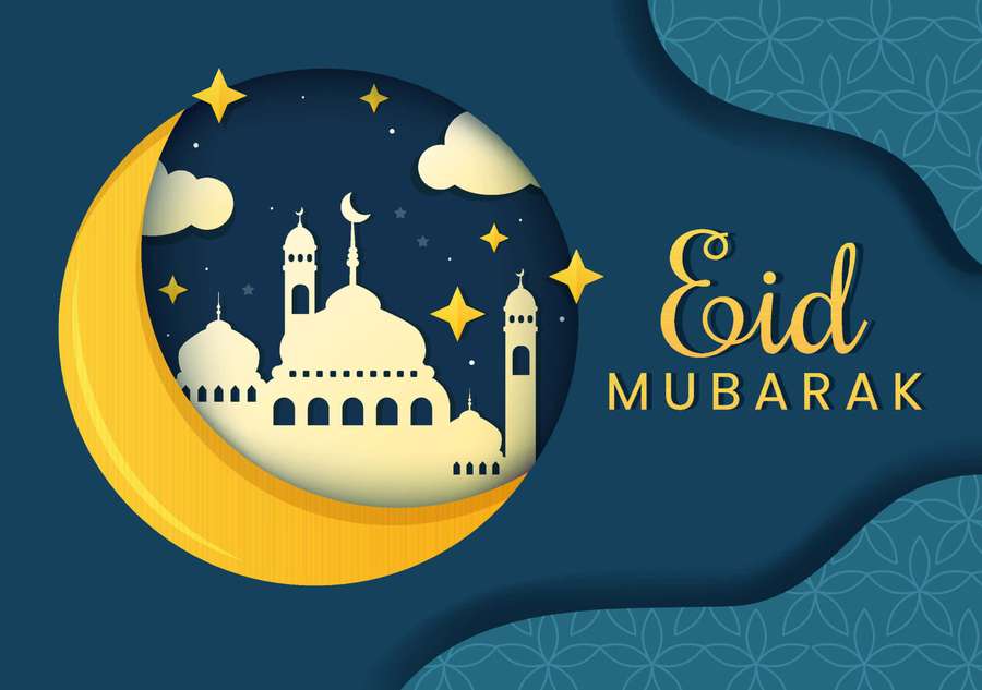 Eid Mubarak greeting with mosque inside crescent moon and stars — Eid Background