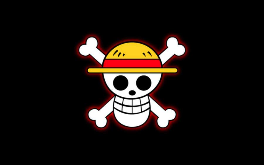 Piratenschädel mit Strohhut und glühender roter Kontur auf schwarzem Hintergrund. — Einteiliger Anime Wallpaper