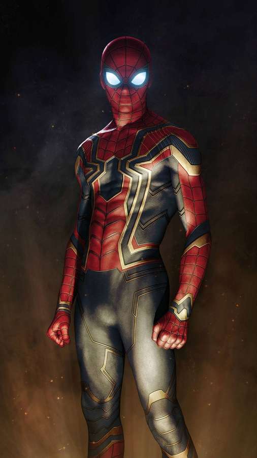 Spiderman in einem High-Tech-Anzug mit leuchtenden Augen vor einem dunklen Weltraumhintergrund. — Eiserne Spinne Wallpaper