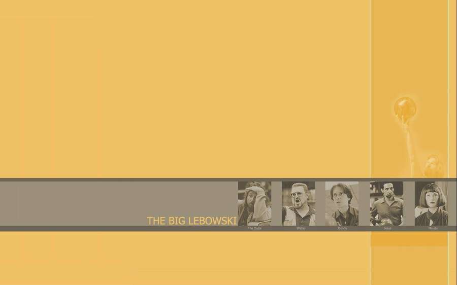 Papel tapiz amarillo minimalista con retratos de personajes de El Gran Lebowski en una barra gris. — El gran lebowski Fondos de pantalla
