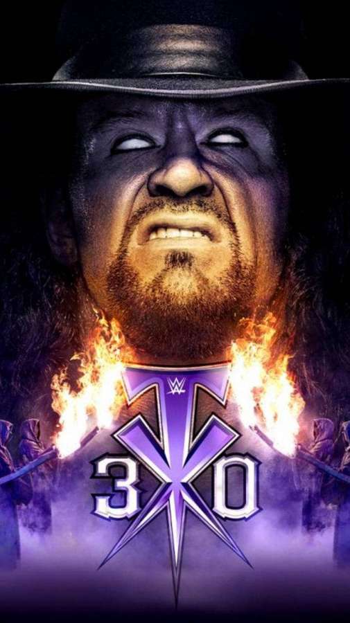 Luchador con llamas saliendo del pecho sobre el logotipo WWE 3XO — El Undertaker Fondos de pantalla