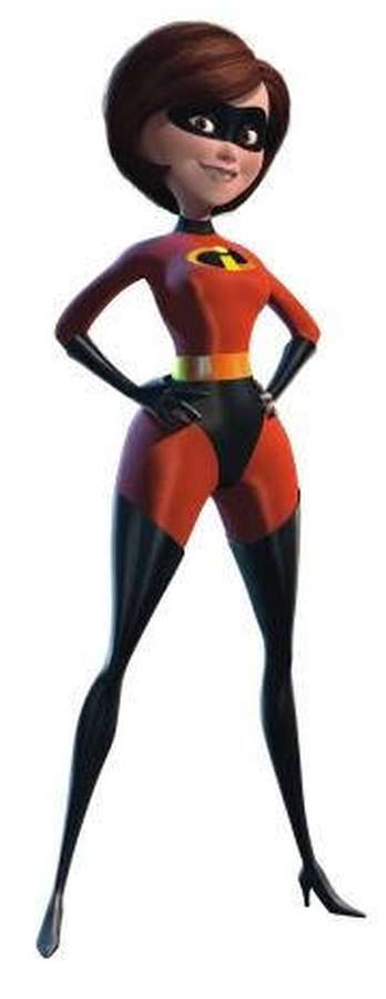 Female superhero in red black suit with yellow belt standing confidently — Elastigirl Background