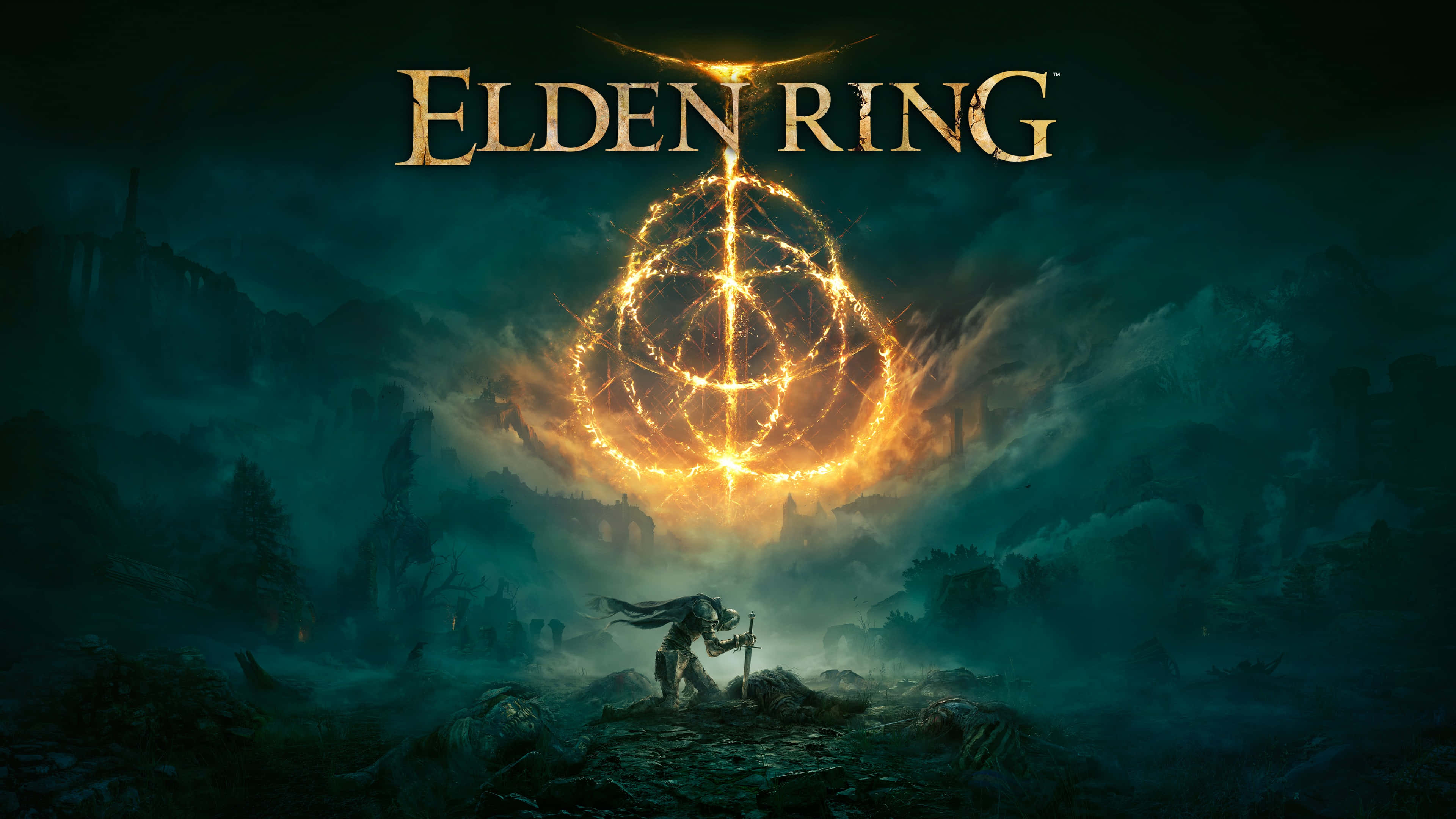 Un chevalier fait face à un anneau lumineux dans une scène de jeu fantastique sombre. — Elden Ring Fonds d'écran