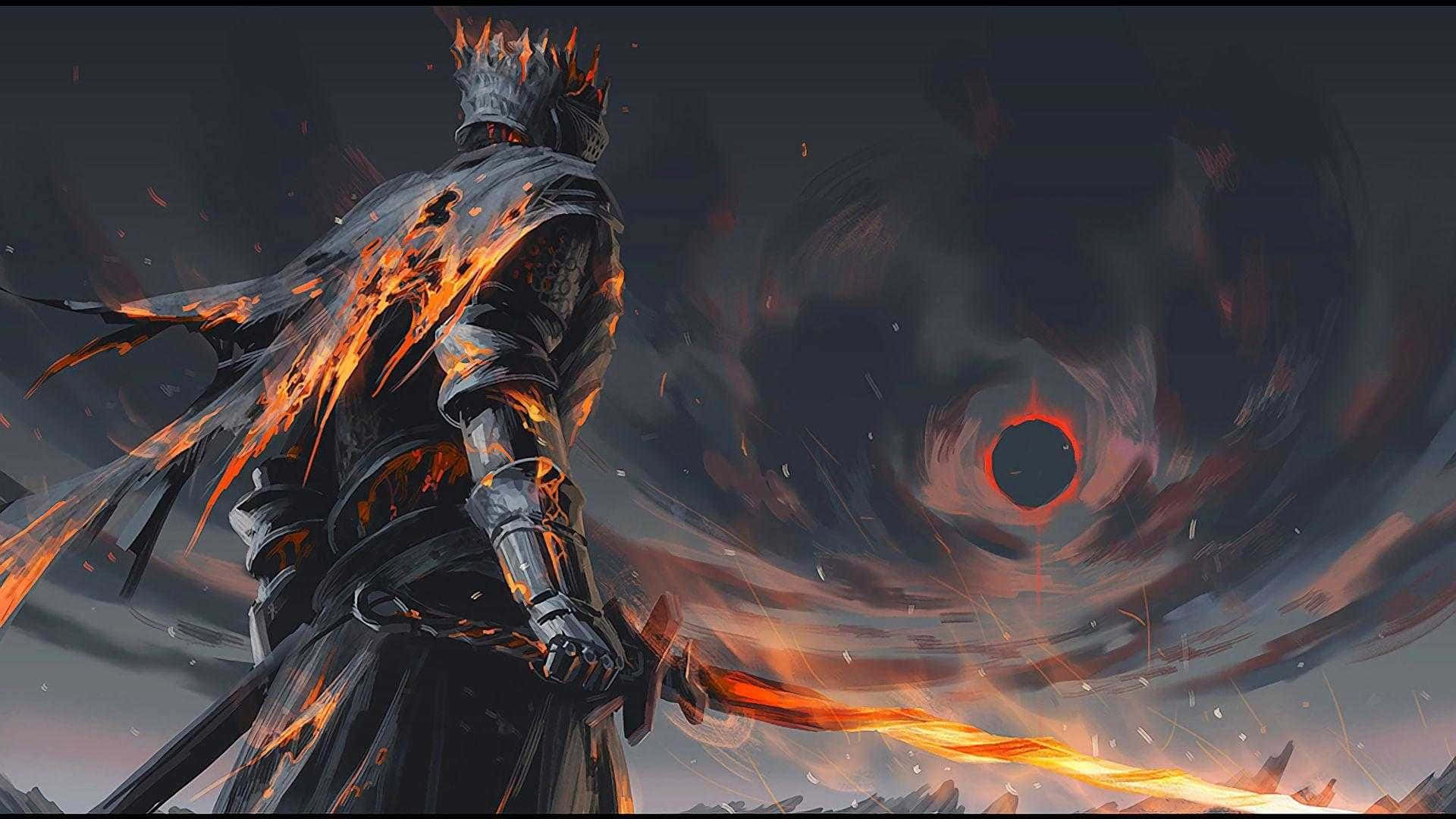 A flaming knight faces a cosmic vortex with a glowing red eye. — Elden Ring Background