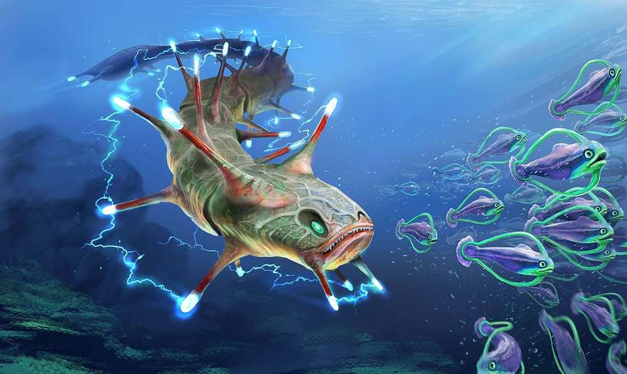 Electric fish with glowing spikes swims through ocean with glowing fish nearby. — Electric Eels Wallpaper