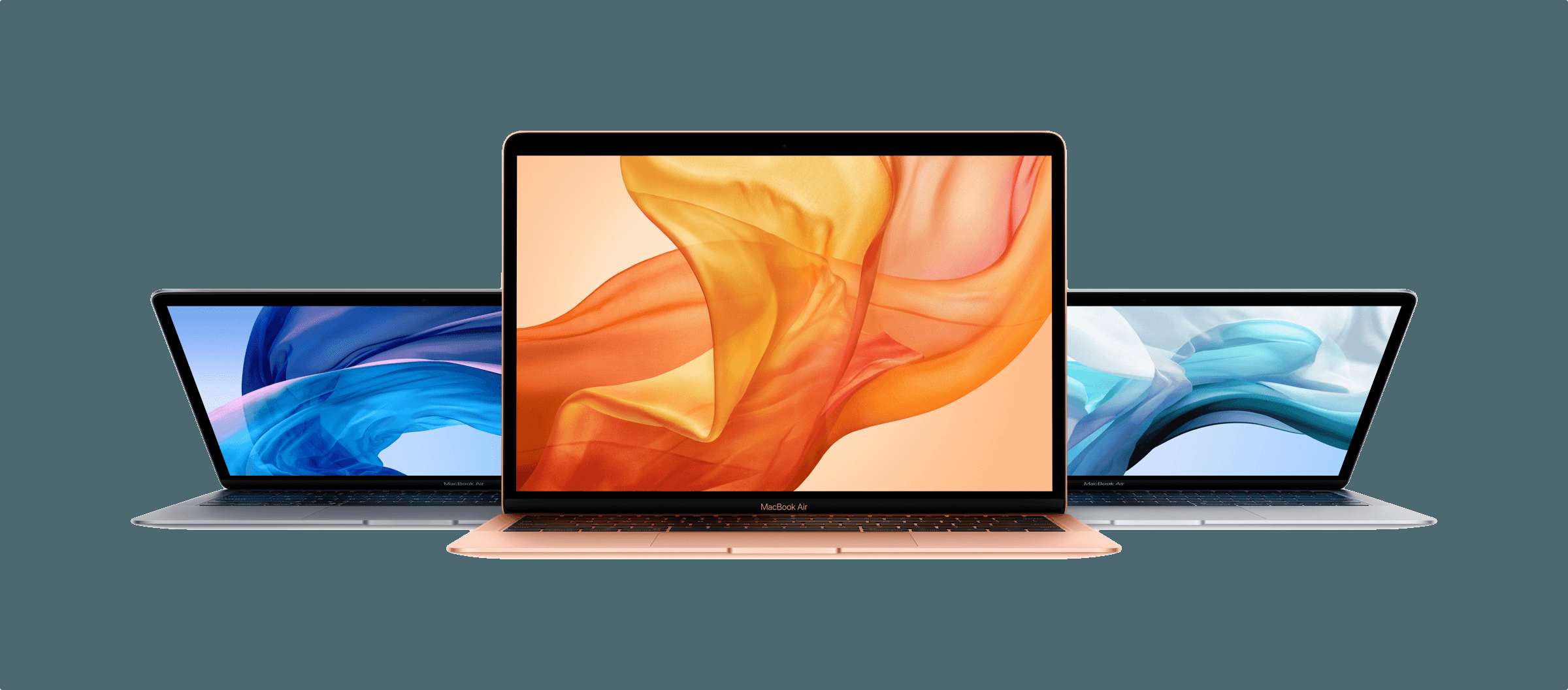 Three MacBook laptops showing colorful abstract wallpapers on dark teal background — Electronics Items PNG