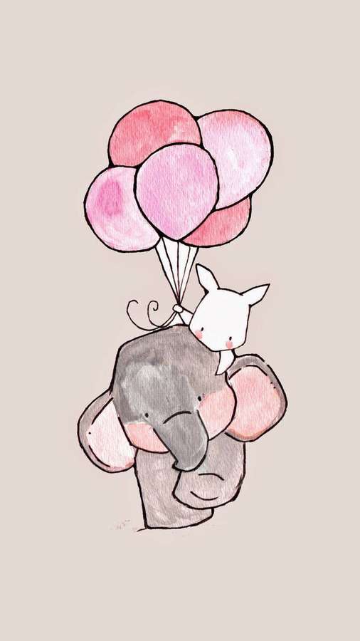 Un pequeño conejo se sienta sobre un elefante que sostiene globos rosas en estilo acuarela. — Elefante iPhone Fondos de pantalla