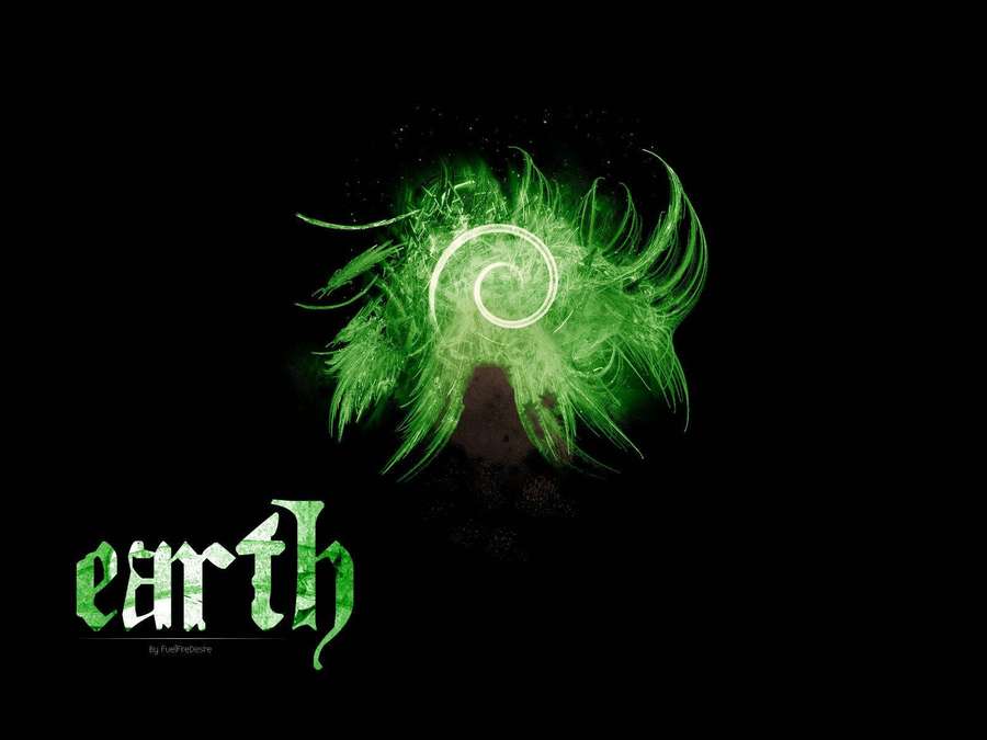 Explosión de energía espiral verde brillante con zarcillos parecidos a plumas y la palabra tierra en fuente estilizada. — Elemento Fondos de pantalla