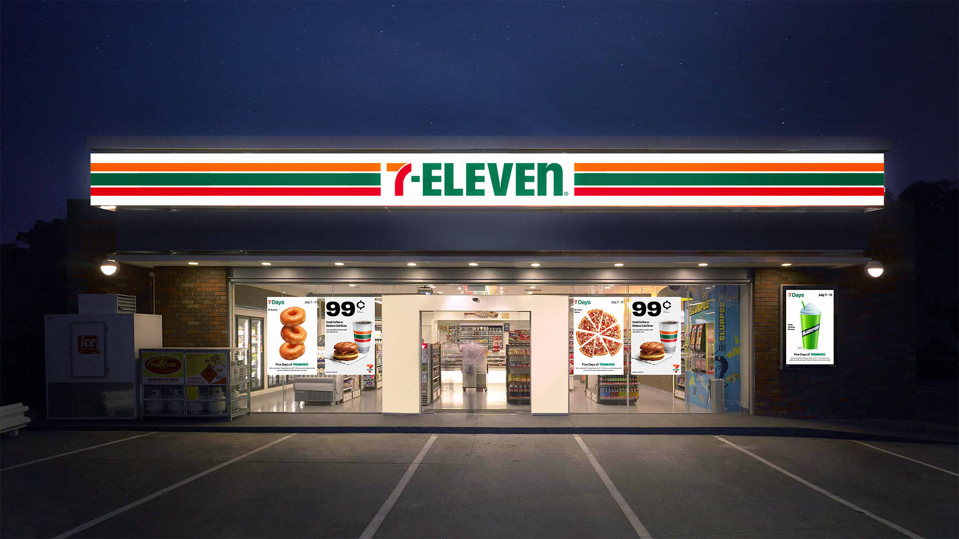 7-Eleven butik på natten med upplysta skyltar och parkeringsplats. — Elva bakgrund Bakgrundsbilder