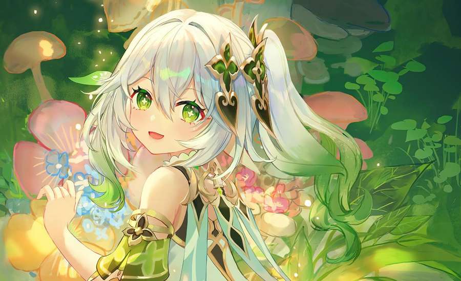 Anime girl with silver hair and green eyes in a glowing forest with flowers and mushrooms. — Elf Background