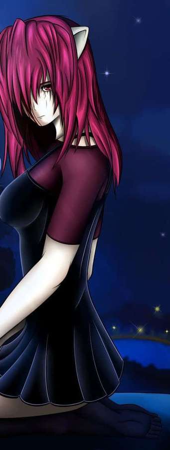 Anime-Mädchen mit rosa Haaren und Katzenohren am Wasser unter Sternen in der Nacht. — Elfen Lied Bilder