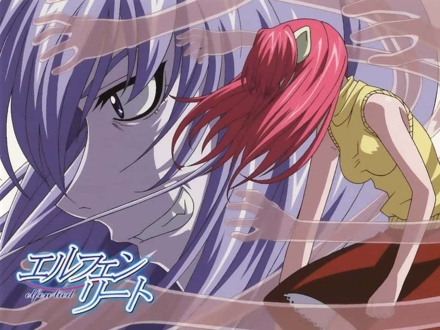 Kaksi anime-tyttöä jännittyneessä hetkessä, aavemaiset kädet kurkottavat heidän ympärillään. — Elfen Lied Lucy Taustakuvat